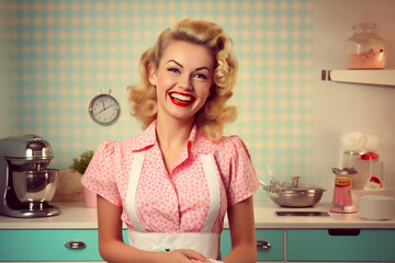 Happy retro stereotypical housewife woman on pastel background