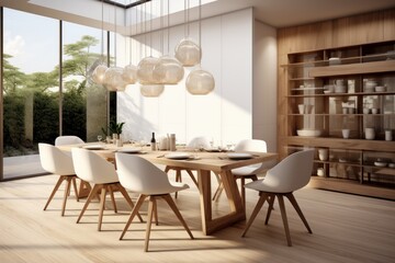 Fototapeta premium Interior of modern dining room with white walls, wooden floor, panoramic windows and wooden table with white chairs. 3d rendering
