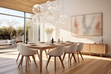 Interior of modern dining room with white walls, wooden floor, long wooden table with white chairs and a poster hanging above it. 3d rendering