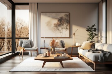 Interior of modern living room with beige walls, wooden floor, comfortable sofa, coffee table and armchair. 3d rendering