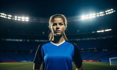 Portrait of a female football player in a soccer stadium with floodlights