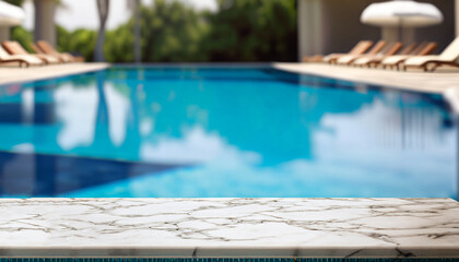 Empty marble table in front with blurred background of swimming pool - obrazy, fototapety, plakaty
