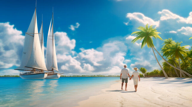 Elderly couple walk along the beach on a summer morning