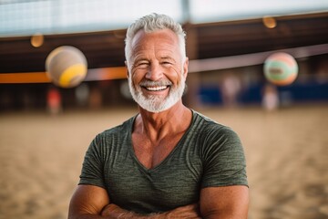 Portrait of senior man playing beach volleyball on the beach at sunset