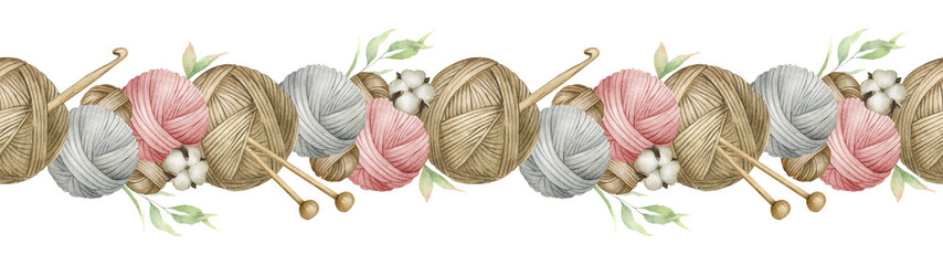 Yarn balls, balls of wool, skeins of yarn, wooden knitting needles, hook and cotton flower and leaves. Watercolor seamless border. For product packaging design, knitter blog,needlework store