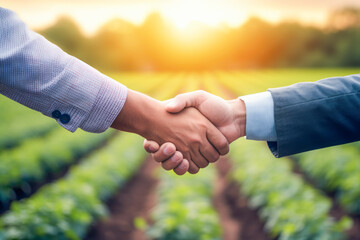 Two farmers shaking hands in front of vegetable field. Agreement and contract in agriculture. AI generative