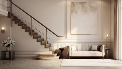 White marble floor tile, luxury living room with beige corner sofa, wooden stairway in sunlight from floor, interior design background