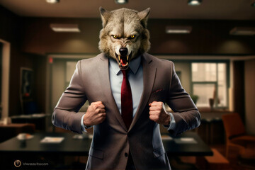 angry businessman wolf, Portrait of a wolf in a stylish business suit. - 625912928