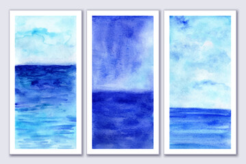 Set of blue watercolor soft gradient art posters. Wall canvas design. Abstract landscape. Sea, ocean view, sky.