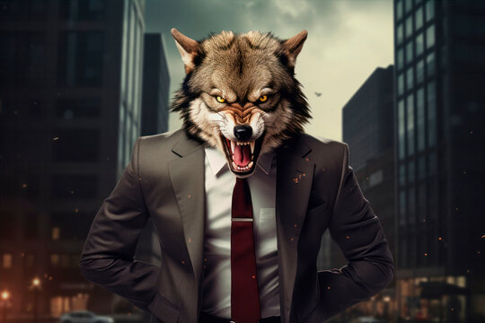 angry businessman wolf, Portrait of a wolf in a stylish business suit.