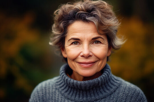 Portrait of smiling and serene woman in her 60s wearing a chic sweater outdoors, garden background