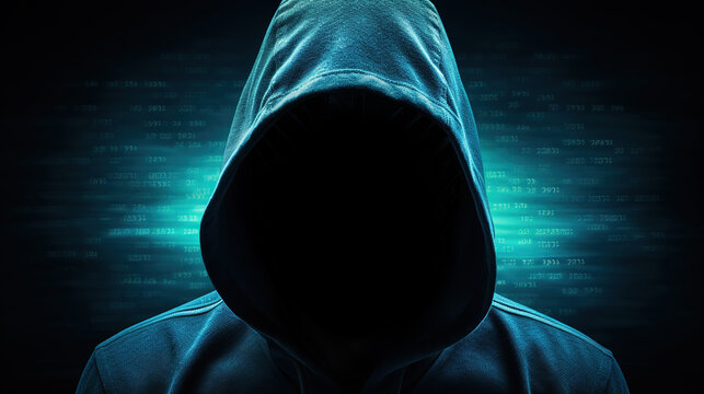Hooded man wearing a hoodie with binary code on the background created with generative AI technology.