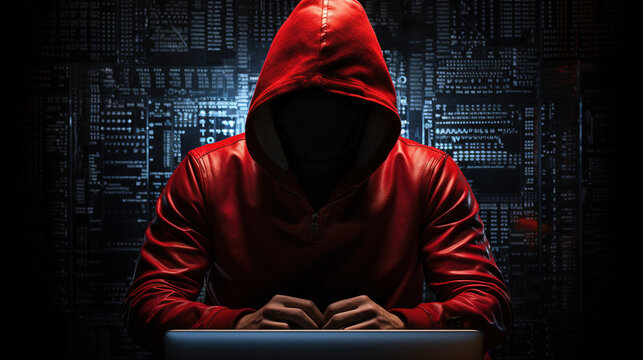 Hacker in red hoodie using laptop with binary code on background created with generative AI technology.