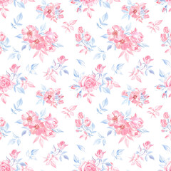 Fototapeta na wymiar Ditsy pattern with the pink roses and blue leaves on a transparent background. Pastel color palette, elements are painted with watercolors. For the home textile, kids clothing, wrapping paper