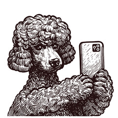 poodle dog holding a phone, dog taking selfie sketch