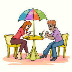 young lover couple dating under the  beach umbrella, hand draw illustration on white background