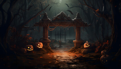 Obraz na płótnie Canvas Halloween Cemetery Background Banner - AI-Generated