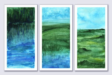 Summer canvas wall art tryptich. green, blue, turquoise, warm colors. Soft calm landscape with field, grass, sky, lake. Watercolor texture. - obrazy, fototapety, plakaty