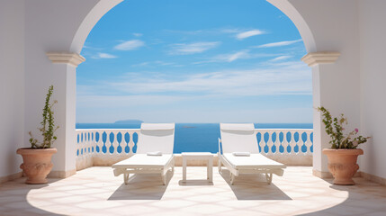 Fototapeta na wymiar Two sunbeds on white terrace with arch