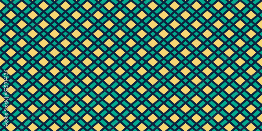 Poster green cross-shaped intersections of diagonal stripes. grid of green diagonals. yellow background and