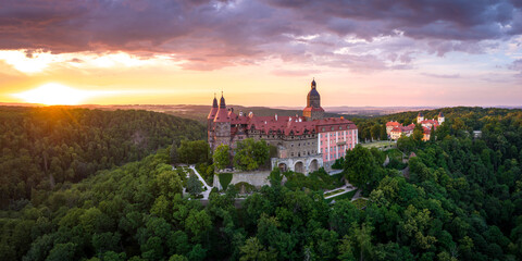 Sunset aerial shot near castle Ksiaz