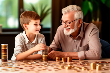 Grandpa and grandson saving money. Grandfather teaching grandchild how to save money. - obrazy, fototapety, plakaty