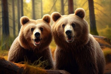 Two Brown Bears in the Forest. Generative AI