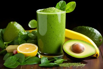Healthy green smoothie with avocado, spinach, lemon and lime