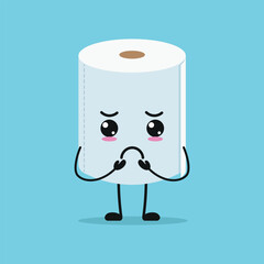 Cute gloomy toilet paper character. Funny sad tissue cartoon emoticon in flat style emoji vector illustration