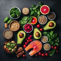 Healthy food selection on dark background. Top view with copy space