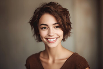 Beautiful portrait of girl with shining eyes and big smile, neutral background
