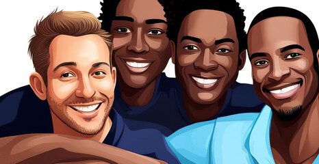Abstract group of happy multi ethnic men generative ai illustration