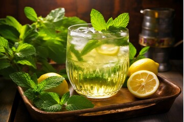 Mojito cocktail with lemon, mint and ice on wooden background