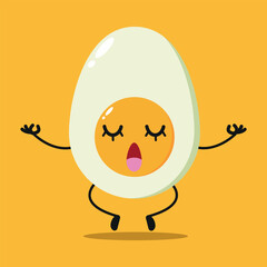 Cute relax half boiled egg character. Funny yoga egg cartoon emoticon in flat style. food emoji meditation vector illustration