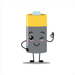 Cute happy battery character. Funny smiling and blink array cartoon emoticon in flat style. power unit emoji vector illustration