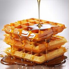 Belgian waffles with honey on a white background.