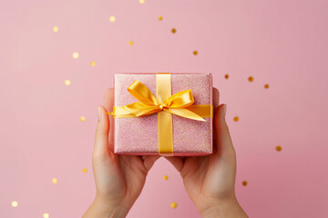 Joyful Person Holding a Pink Gift with a Yellow Bow, Generative AI