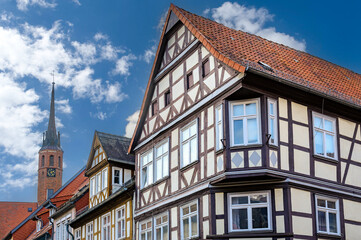 View of the facade of a historic building in Salzwedel, Germany.
