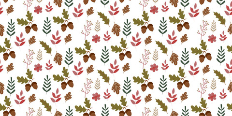Seamless pattern autumn leaves and gifts of the forest. Leaves of oak, birch, aspen in autumn colors, acorns. Great for printing on fabric and paper.