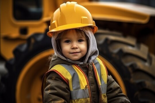 Portrait of a little boy in a yellow helmet on a construction site