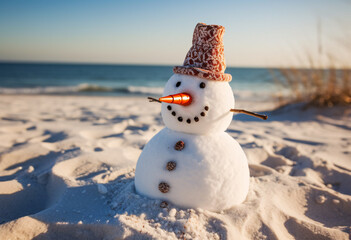 Obraz premium Snowman enjoying an unconventional beach day, generative AI