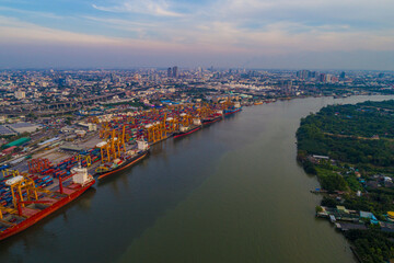 Aerial view shipping crane boat city habour port with container truck city view background