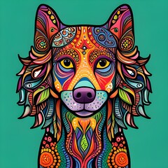 Colorful Dog Head Portrait. Psychedelic Line Art