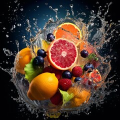 Fruit splashing in water on black background. Healthy food concept