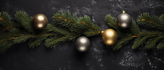 Obraz na płótnie Canvas Three Festive Ornaments Hanging on a Pine Tree Branch, Generative AI