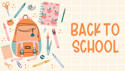 The design of the promo banner is back to school. A school backpack with school supplies. The concept of education.