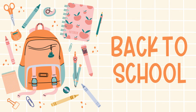 The design of the promo banner is back to school. A school backpack with school supplies. The concept of education.