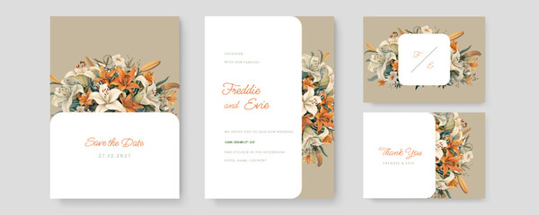 Fototapeta na wymiar Modern romantic watercolor wedding invitation and menu template