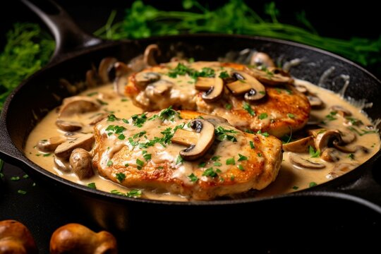 Chicken fillet with mushrooms in creamy sauce on a black background.
