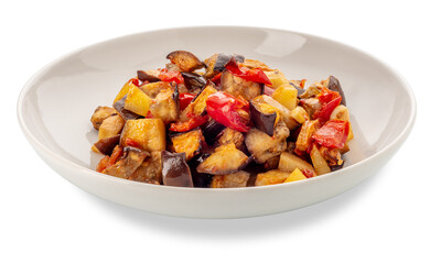 Traditional Italian vegetable caponata in white dish isolated